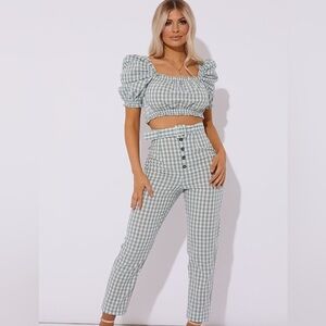 LAURA JADE GREEN GINGHAM HIGH WAISTED CO-ORD BELTED TROUSERS xsmall
